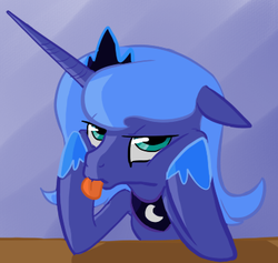 Size: 378x358 | Tagged: safe, artist:elslowmo, princess luna, alicorn, pony, g4, bored, crown, female, floppy ears, hoof shoes, jewelry, lidded eyes, mare, peytral, regalia, s1 luna, solo, tongue out