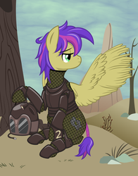 Size: 3300x4200 | Tagged: safe, artist:catnipfairy, oc, oc only, oc:sunset sherbet, pegasus, pony, fallout equestria, armor, boulder, dead tree, female, hooves, looking back, mare, rock, sitting, solo, spread wings, tail wrap, tree, vector, wasteland, wings