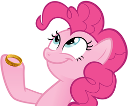 Size: 903x753 | Tagged: safe, pinkie pie, earth pony, pony, g4, female, look what pinkie found, lord of the rings, mare, meme, simple background, smiling, solo, the one ring, white background, xk-class end-of-the-world scenario