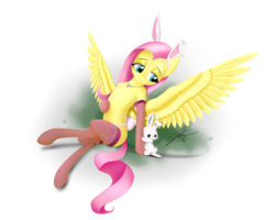 Size: 4500x3600 | Tagged: safe, artist:wreky, angel bunny, fluttershy, pegasus, pony, rabbit, g4, animal, bunny ears, clothes, duo, female, fishnet stockings, human shoulders, male, mare, necklace, ship:angelshy, shipping, simple background, sitting, stockings, straight, transparent background