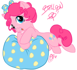 Size: 787x708 | Tagged: safe, artist:karacoon, pinkie pie, earth pony, pony, g4, alternate hairstyle, balloon, balloon pop, bubble berry, female, freckles, mare, pillow, prone, rule 63, rule 63'd rule 63, short mane, simple background, solo, transparent background