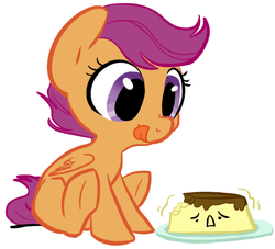 Size: 426x386 | Tagged: safe, artist:elslowmo, artist:php27, scootaloo, pegasus, pony, g4, cute, cutealoo, female, filly, flan, food, plate, simple background, sitting, smiling, solo, tongue out, white background