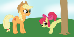 Size: 1092x545 | Tagged: safe, artist:elslowmo, apple bloom, applejack, earth pony, pony, g4, apple sisters, applebucking, duo, duo female, female, filly, foal, mare, original artist unknown, siblings, sisters, tree