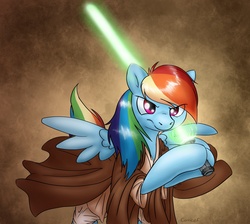 Size: 1342x1200 | Tagged: safe, artist:conicer, rainbow dash, pegasus, pony, g4, clothes, crossover, energy weapon, female, jedi, lightsaber, mare, robe, solo, star wars, weapon