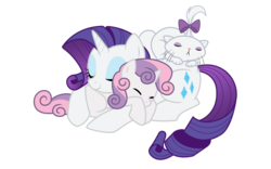 Size: 1250x779 | Tagged: safe, artist:kumkrum, opalescence, rarity, sweetie belle, cat, pony, unicorn, g4, cute, diasweetes, female, filly, mare, opalbetes, pony pillow, raribetes, simple background, sisters, sleeping, transparent background