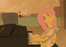 Size: 700x500 | Tagged: dead source, safe, artist:swomswom, fluttershy, semi-anthro, g4, clothes, eyes closed, female, hoodie, musical instrument, piano, singing, sitting, solo