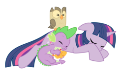 Size: 1250x749 | Tagged: safe, artist:kumkrum, owlowiscious, peewee, spike, twilight sparkle, bird, dragon, owl, phoenix, pony, unicorn, g4, awwlowiscious, cute, female, floppy ears, lying down, male, mare, peeweebetes, pony pillow, simple background, sleeping, spikabetes, transparent background, twiabetes, unicorn twilight