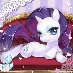 Size: 400x400 | Tagged: safe, artist:bnob, rarity, pony, unicorn, g4, bedroom eyes, couch, female, heart, looking at you, mare, prone, smiling, solo