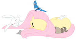 Size: 1250x692 | Tagged: safe, artist:kumkrum, angel bunny, fluttershy, blue jay, ferret, mouse, pegasus, pony, rabbit, g4, angelbetes, animal, cute, female, floppy ears, grooming, male, mare, on side, preening, shyabetes, simple background, sleeping, transparent background, wings