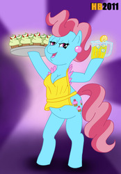 Size: 639x920 | Tagged: safe, artist:hentaiboy, cup cake, earth pony, anthro, unguligrade anthro, g4, 2011, abstract background, apron, arm hooves, bedroom eyes, belly button, breasts, busty cup cake, cleavage, clothes, cupcake, female, lemonade, looking at you, naked apron, open mouth, open smile, platter, smiling, solo, tray