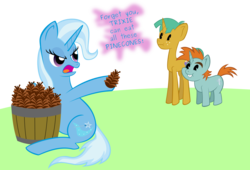 Size: 3000x2036 | Tagged: dead source, safe, artist:catnipfairy, snails, snips, trixie, pony, unicorn, apple.mov, g4, colt, female, fuck you i can eat all these apples, high res, male, mare, pinecone, simple background, transparent background, trixie eating pinecones, vector