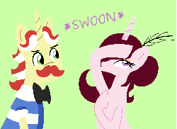 Size: 1179x861 | Tagged: safe, artist:catnipfairy, flam, oc, oc:rose wine, pony, unicorn, ask the flim flam bros, g4, animated, canon x oc, duckface, eyebrow wiggle, eyebrows, eyeshadow, female, gif, hatless, male, mare, missing accessory, moustache, shipping, simple background, stallion, straight, swoon