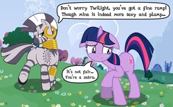 Size: 793x490 | Tagged: artist needed, source needed, safe, twilight sparkle, zecora, pony, unicorn, zebra, g4, butt, butt envy, comic, crying, duo, duo female, female, floppy ears, grass, looking back, mare, plot, unicorn twilight, zecorass