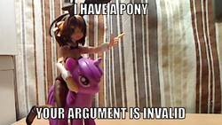 Size: 640x360 | Tagged: safe, twilight sparkle, pony, unicorn, g4, bunny suit, clothes, female, humans riding ponies, i have a pony your argument is invalid, image macro, leotard, mare, melancholy of haruhi suzumiya, riding, suzumiya haruhi, toy, your argument is invalid