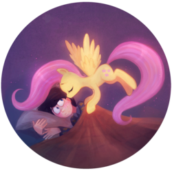 Size: 1111x1104 | Tagged: safe, artist:technaro, fluttershy, human, pegasus, pony, g4, blanket, cheek kiss, crossover, dr. seuss, duo, female, kissing, mare, once-ler, pillow, smiling, the lorax, tucking in