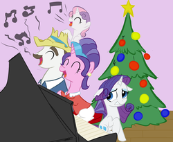 Size: 1314x1080 | Tagged: safe, artist:elslowmo, artist:rubrony, cookie crumbles, hondo flanks, rarity, sweetie belle, pony, unicorn, g4, bad singing, belle sisters, christmas tree, colored, eyes closed, family, female, filly, floppy ears, gritted teeth, male, mare, music notes, musical instrument, open mouth, piano, ship:cookieflanks, singing, sitting, sour note, stallion, tree