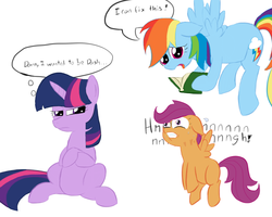 Size: 1280x1024 | Tagged: safe, artist:elslowmo, rainbow dash, scootaloo, twilight sparkle, pegasus, pony, unicorn, g4, body swap, book, female, filly, floppy ears, mare, original artist unknown, scootaloo can't fly, simple background, white background