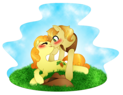 Size: 1292x1000 | Tagged: safe, artist:daydreamerpony, braeburn, carrot top, golden harvest, earth pony, pony, g4, blushing, carrotburn, duo, female, kiss on the lips, kissing, male, mare, prone, shipping, stallion, straight