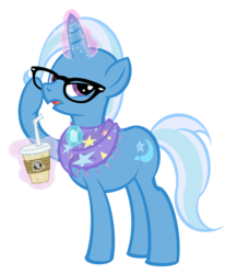 Size: 1566x1900 | Tagged: safe, artist:pixelkitties, trixie, pony, unicorn, g4, clothes, coffee, cup, female, glasses, hipster, magic, mare, raised hoof, scarf, simple background, solo, starbucks, straw, telekinesis, transparent background