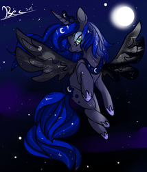 Size: 600x700 | Tagged: safe, artist:clockworkquartet, princess luna, alicorn, pony, g4, female, flying, frown, mare, moon, night, solo