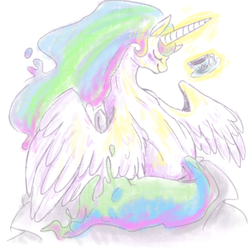 Size: 600x600 | Tagged: dead source, safe, artist:scervo, princess celestia, alicorn, pony, g4, eyes closed, female, mare, missing accessory, princess, rear view, sitting, smiling, solo, spread wings, tea, wings