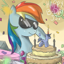 Size: 900x900 | Tagged: safe, artist:speccysy, rainbow dash, oc, oc:johnjoseco, pegasus, pony, g4, cake, candle, duo, female, glasses, mare, smiling, sunglasses