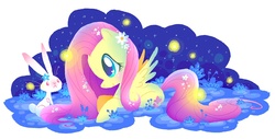 Size: 1284x653 | Tagged: safe, artist:rintau, fluttershy, firefly (insect), pegasus, pony, g4, cute, duo, female, flower, flower in hair, looking at each other, mare, night, pet, profile, prone, shyabetes, smiling, spread wings