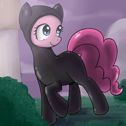Size: 900x900 | Tagged: safe, artist:speccysy, pinkie pie, earth pony, pony, g4, catsuit, female, looking back, mare, smiling, solo