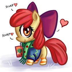 Size: 600x600 | Tagged: dead source, safe, artist:ninjaham, apple bloom, earth pony, pony, g4, adorabloom, blushing, chibi, clothes, cute, drinking, female, filly, heart, juice box, looking at you, scarf, smiling, socks, solo