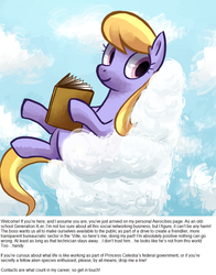 Size: 800x1018 | Tagged: safe, artist:reuniclus, cloud kicker, pegasus, pony, g4, ask, book, cloud, cloudy, female, mare, sitting, smiling, solo, working hard hardly working