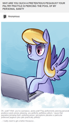Size: 488x865 | Tagged: safe, artist:reuniclus, cloud kicker, pegasus, pony, g4, ask, computer, female, frown, laptop computer, mare, solo, working hard hardly working