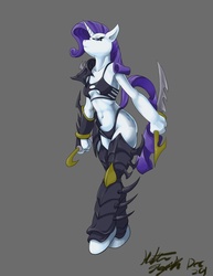 Size: 612x792 | Tagged: safe, artist:hattonslayden, rarity, dark eldar, anthro, unguligrade anthro, g4, armor, belly button, breasts, chainmail bikini, dual wield, female, invulnerable save, lelith hesperax, mare, sexy, sinfully sexy, solo, stupid sexy rarity, sword, unconvincing armor, warhammer (game), warhammer 40k, weapon, wide hips