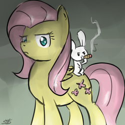 Size: 900x900 | Tagged: safe, artist:speccysy, angel bunny, fluttershy, pegasus, pony, g4, abstract background, cigar, duo, female, glare, mare, smoking