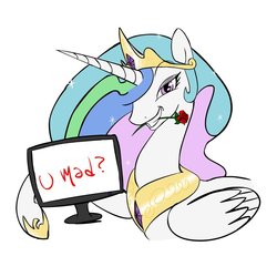 Size: 900x900 | Tagged: dead source, safe, artist:zev, princess celestia, alicorn, pony, g4, female, flower, flower in mouth, mare, monitor, mouth hold, princess, rose, rose in mouth, simple background, solo, trollestia, u mad, white background