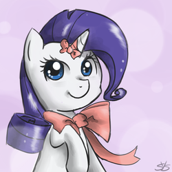 Size: 900x900 | Tagged: safe, artist:speccysy, rarity, pony, unicorn, g4, bow, female, mare, raised hoof, ribbon, sitting, smiling, solo