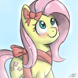 Size: 900x900 | Tagged: safe, artist:speccysy, fluttershy, pegasus, pony, g4, bow, female, mare, ribbon, smiling, solo