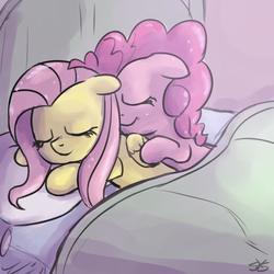 Size: 900x900 | Tagged: safe, artist:speccysy, fluttershy, pinkie pie, earth pony, pegasus, pony, g4, bed, cuddling, cute, diapinkes, female, floppy ears, lesbian, mare, prone, ship:flutterpie, shipping, sleeping, smiling