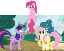 Size: 900x720 | Tagged: safe, artist:zev, fluttershy, pinkie pie, twilight sparkle, earth pony, pegasus, pony, unicorn, g4, female, fourth wall, looking at you, mare, simple background, transparent background