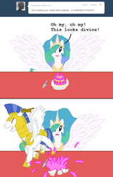 Size: 800x1260 | Tagged: safe, artist:hakar-kerarmor, princess celestia, oc, oc:monolith, alicorn, chipmunk, pegasus, pony, ask four inept guardponies, g4, biting, cake, female, male, mare, royal guard, running, stallion, this will end in tears and/or a journey to the moon