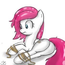 Size: 900x900 | Tagged: safe, artist:speccysy, oc, oc only, oc:phoe, pegasus, pony, bondage, butt, female, femsub, frown, mare, on side, plot, rope, simple background, solo, submissive, white background