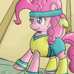 Size: 900x900 | Tagged: safe, artist:speccysy, pinkie pie, earth pony, pony, g4, aerobics, clothes, colored pupils, determined, female, headband, mare, solo, sweat, wristband