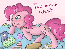 Size: 900x675 | Tagged: dead source, safe, artist:speccysy, pinkie pie, earth pony, pony, g4, alcohol, blushing, bowtie, candy, chips, chocolate, cupcake, female, floppy ears, food, mare, on side, solo, stomach ache, stuffed, this will end in diarrhea, too much want, tummy ache