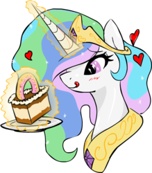 Size: 843x962 | Tagged: safe, artist:zev, princess celestia, alicorn, pony, g4, cake, cakelestia, eyes on the prize, female, heart, licking, licking lips, mare, princess, simple background, solo, tongue out, transparent background