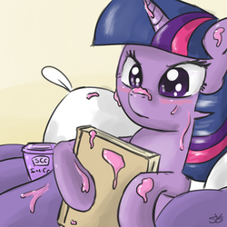 Size: 900x900 | Tagged: safe, artist:speccysy, twilight sparkle, pony, unicorn, g4, bed, book, female, food, ice cream, mare, pillow, solo