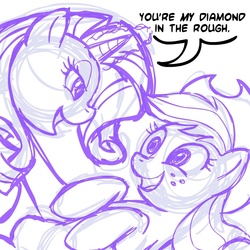 Size: 945x945 | Tagged: safe, artist:megasweet, applejack, rarity, earth pony, pony, unicorn, g4, eye contact, female, lesbian, looking at each other, mare, on back, ship:rarijack, shipping, sketch, smiling