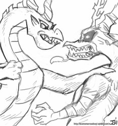 Size: 748x800 | Tagged: safe, artist:johnjoseco, discord, spike, dragon, kaiju, .mov, g4, abuse, adult spike, discordabuse, fight, grayscale, male, monochrome, older, spikezilla