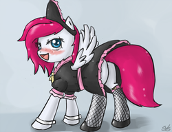 Size: 900x692 | Tagged: dead source, safe, artist:speccysy, oc, oc only, oc:phoe, pegasus, pony, bedroom eyes, blushing, butt, clothes, female, fishnet stockings, maid, mare, plot, solo