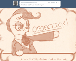 Size: 1000x800 | Tagged: safe, artist:dovne, mayor mare, earth pony, pony, ask mayor mare, g4, ace attorney, ask, court, female, lawyer, mare, monochrome, phoenix wright, pointing, solo