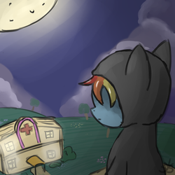Size: 900x900 | Tagged: safe, artist:speccysy, rainbow dash, pegasus, pony, g4, read it and weep, catsuit, clothes, female, mare, moon, night, outdoors, ponyville hospital, scene interpretation, sneaking suit, solo
