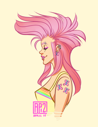 Size: 600x776 | Tagged: dead source, safe, artist:fusspot, fluttershy, human, g4, alternate hairstyle, ear piercing, earring, eyebrow piercing, eyes closed, female, helix piercing, humanized, jewelry, lip piercing, lipstick, my punky pony, piercing, profile, punk, simple background, solo